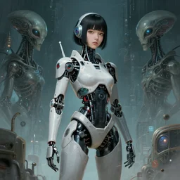 wide shot portrait of a youngfemale japanese cyberpunk android with robot and cyborg parts, artwork by adolph menzel, alien production design