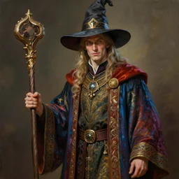 an anthropomorphic beautiful male wizard portrait holding a staff wearing colourful robe, fine art, award winning, intricate, elegant, sharp focus, octane render, hyperrealistic, wizard hat cinematic lighting, highly detailed, digital painting, 8 k concept art, art by jamie hewlett and z. w. gu, masterpiece, trending on artstation, 8 k