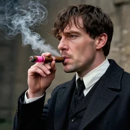 thomas shelby from the peaky blinders smoking a pink colored cigar, highly detailed, professional photograph