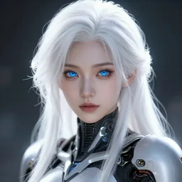 detailed portrait of perfect white haired girl, android, warframe armor, beautiful, pretty face, blue cyborg eyes, innocent, scifi, 4 k, sun yunjoo, ultra realistic, aura of light, cinematic lighting, highly detailed, sharp focus, artstation, masterpiece, art by hyungjin yang