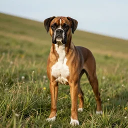 a regal boxer dog poses on a grassy hillside, golden hour