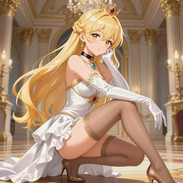 Worksafe. Illustration, close-up, elegant blonde princess posing in luxury royal palace hall, wearing leotard, jewelry, elbow gloves, choker, pantyhose tights, high heels. Silk, nylon, latex, satin, frills, laces. Anime style at Pixiv and ArtStation, by krenz cushart, tony taka, extremely detailed, HD, high quality, perfect.