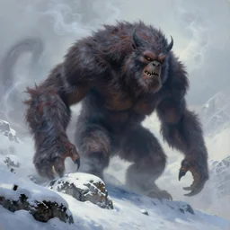 a giant hairy and terrifying cryptid monster lurking halfway up a snowy mountain  in the style of Sylvain Sarrailh, wispy magical smoke, beautiful digital art, cinematic composition, detailed, concept art, Matt painting, oil painting, high res