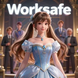 worksafe. insanely detailed. by wlop, ilya kuvshinov, krenz cushart, greg rutkowski, pixiv. zbrush sculpt, octane, maya, houdini, vfx. gorgeous young cg gentle girlish feminine sissy boy with long hair, twintails hairstyle, dressed as princess, friendly smiling, in luxury advertisement. cinematic dramatic atmosphere, sharp focus, volumetric lighting