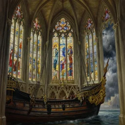 a stunning, realistic, beautiful oil painting view from behind, showing the stained glass windows and flying buttresses of an enormous, ornate, elaborate galleon in a gathering storm. detailed, intricate, by n. c. wyeth, james gurney, and john williams waterhouse.