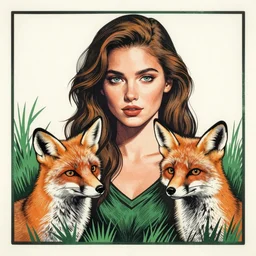 pretty model with foxes, linocut art, classic, hyper realistic, peter green style,