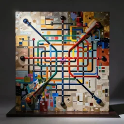 a beautiful sculpture by louise nevelson and louis sullivan of a complex subway map, color bleeding, pixel sorting, brushstrokes by jeremy mann, studio lighting, square shapes by robert proch