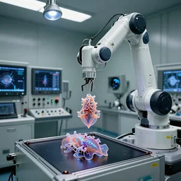 a complex thick bifurcated robotic cnc surgical arm cybernetic symbiosis hybrid mri 3 d printer machine making some iridiscent squid embryo organic fractal forms in inspection laboratory control panel room, lcd screens, knobs, drone camera lens orbs, 3 point lighting, highly detailed larval stage, natural color scheme, photo still from movie by denis villeneuve,