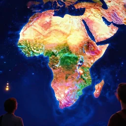 a vibrant colorful portrait of the continent africa, zoom out, immersive digital art experiences, glowing lights, magic details, by moebius, edward hopper, james gilleard, and james jean, hd, 8 k, trending on artstation, uhd,