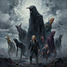 an abstract concept painting of inugami and shinigami lurking and howling on a cloudy alien landscape as created by peter gric and hr giger and vito campanella and jeremy hush and garis edelweiss and dmitry kochanovich, trending on cryengine