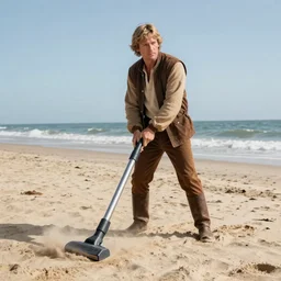 Luke Skywalker vacuuming the beach to remove sand, professional photo, 4k, 35mm