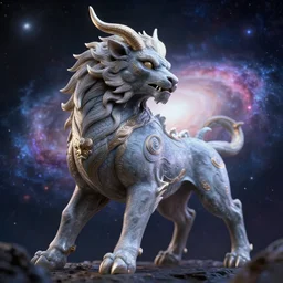ultra detailed photorealistic the c 4 d render chinese god beast in space, absorbing the energy of galaxies to create his metaverse, soft light, realism, maximum detail, high quality, good study of style, depth of field, focus, painting classicism and abstractionism, 8 k