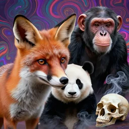 close up, a fox, a panda, a chimpanzee, a skull, smoke, psychedelic art, digital art, 8 k