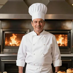 proud cook dressed in white, with oven on fire in the background, burned pastries