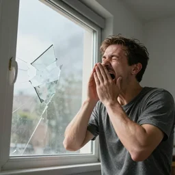 a dad sneezing so loudly that it breaks a window, octane render, dynamic lighting