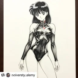 beautiful aesthetic inspirational masterful professional ink pen liner sketch of a 1 9 9 0 s anime japanese girl posing in latex leotard, marvel style, concept art, fine details, trending on artstation, high quality paper, instagram photo. art university academy work, gnomon, calarts
