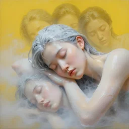 3 d, close - up, ice, liquid white oil, sleepy fashion model, light fog, smoke, poster art, high detail, intricate oil painting, multiple exposure, deep yellow mood, hyperrealism, 3 d, by tooth wu and wlop and beeple and greg rutkowski