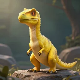 a anthropomorphic yellow dilophosaurus sitting on a rock, beautiful lighting, award winning, high resolution portrait, digital art trending on artstation