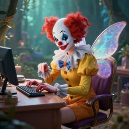 epic professional digital art of a fairy in a clown suit, sitting at her desk,, best on artstation, cgsociety, wlop, Behance, pixiv, astonishing, impressive, outstanding, epic, cinematic, stunning, gorgeous, breathtaking fantasy art, masterpiece.