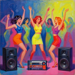 minimalistic, party, neon, colorful, party happy dancing girls, mixtape, loudspeakers, music, stunning, award, hdr, 8 k, artstation, winning masterpiece by marc simonetti, by moebius and basquiat, oil on canvas