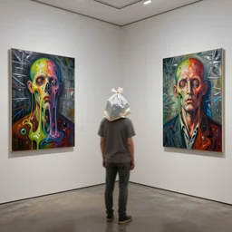 an empty room in the style of constructivism, exhibition of paintings, trash bag on head, blurred, grotesque, doomed, neural acrylic paint, high resolution, gouache on canvas, ultra detailed, vibrant colors, grotesque, wrapped thermal background, slimey, art by francis bacon, beksinski painting
