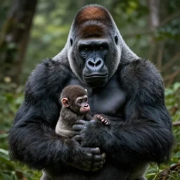 A Gorilla explorer holding a human cub in his hands artwork by Craig Mullins, artstation trending, cinematic lighting