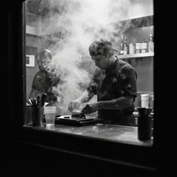 a black silhouette grainy analog black and white photograph of a chef in a small smokey bar in san francisco grilling burgers taken through the window