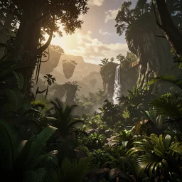 a beautiful render of a dark prehistoric rainforest, lush flora, patches of sky, sunset, flying mountains and a waterfall in the background, intricate detail, hazy, humid, volumetric lighting, 8 k, photorealistic, raytracing effects, unreal engine 5