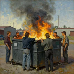 people standing around a burning dumpster, an art deco painting by thomas hart benton, austin briggs, john philip falter, cg society, american scene painting, dystopian art, american realism, academic art