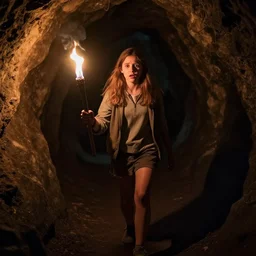 a girl with a torch walking through a cave, the girl is scared, by embleton, ron
