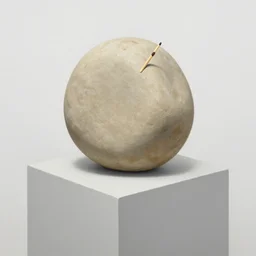 painting of art exibit of a beige round boulder with matchstick in it on a cube pedestal