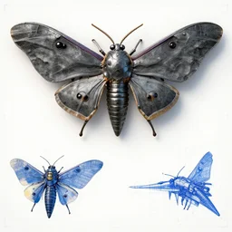a mechanized atlas moth, gunmetal grey, very symmetrical, orthographic view, top down view, bottom view, side view, blueprints, mecha, jet fighter, cybernetic, robotic, highly detailed, artstation, autodesk maya, super realistic, unreal engine