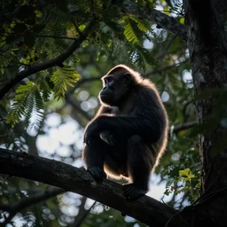 rim light around fur of an ape on a tree, silhoutte, dim light, tree top, dslr award winning photo, nikon