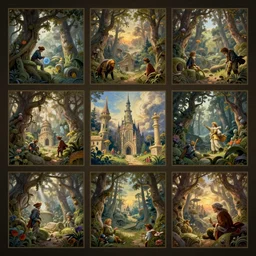 realistic detailed view of neverland by terance james bond, russell chatham, greg olsen, thomas cole, james e reynolds, photorealistic, fairytale, art nouveau, illustration, concept design, storybook layout, story board format