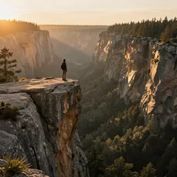 lonely man on the edge of a cliff. golden hour, forest landscape, high gorge, high detail. deharme lise. zatzka hans. trending on artstation