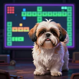 shih tzu gameplay still frame, 4 colors, pixel art, retro, splash screen, level design, high contrast, background, deep focus, highly detailed, dramatic lighting, digital painting, artstation, concept art, matte, greg rutkowski, moebius, illustration.