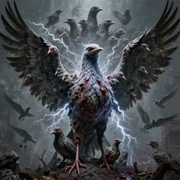 horryfing mutant bird made of electricity fused with thousands of birds, thousand heads, mutilated, horror, blood, heavy damage, post apocalyptic, dystopian surrealism, grey, zdzisław beksinski, sad atmosphere, volumetric light, style giger, alex ries, symmetry accurate features, symmetry accurate features, very intricate details, high resolution, intricate, sharp