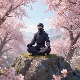 a ninja meditating on top of a mountain filled with cherry blossoms, hyper realistic, 4 k, unreal engine 6 rendered,