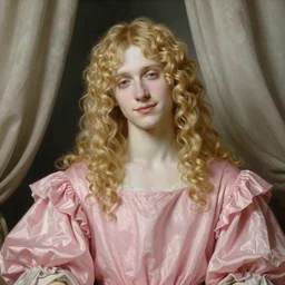beautiful portrait painting of the androgynous prince Lucius with long curly blond hair, very very very pale white skin, delicate young man wearing a wispy pink silk dress smiling sleepily at the viewer, symmetrically parted curtain bangs, in love by Peter Paul Rubens and Seb Mckinnon