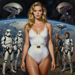 A mixed media painting of a very beautiful light-brown-hair / blonde woman on an alien planet, elegant, aesthetic!!! symmetrical face and eyes, piercing gaze, photorealistic, model, wet, white high waisted swimsuit, starship-troopers, alien planet, eighties pinup style, by Frank Frazetta, Boris Vallejo, Beeple, Greg Rutkowski, Christian MacNevin, epic fantasy character art, full length, high fantasy, CGsociety, exquisite detail, post-processing, masterpiece, cinematic