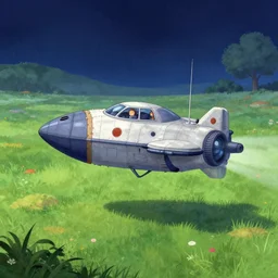 a spaceship that has landed on an grass field, from a space themed point and click 2 d graphic adventure game, art inspired by thomas kinkade and william lionel wyllie