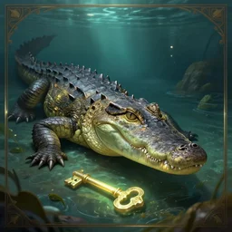 a crocodile underwater discovering a glowing key on the bottom of a lake, deep focus, d & d, fantasy, intricate, elegant, highly detailed, digital painting, artstation, concept art, matte, sharp focus, illustration, hearthstone, art by artgerm and greg rutkowski and alphonse mucha