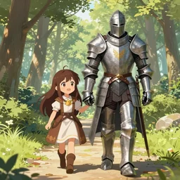 Both a cute sorceress with long brunette hair, and a tall knight in full metal armor, travel down a forest path together in the sunny afternoon. fantasy anime, digital painting by WLOP