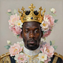 rococo painting of a black prince wearing a golden crown with pastel flowers, symmetrical, realistic, 8 k, digital painting, art by kehinde wiley, artem demura