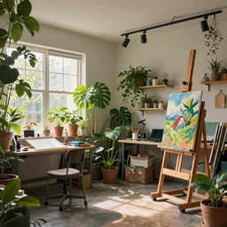 a stylish artist studio interior, messy, many plants, drafting table, easel, painting by Craig Mullins, octane rendering, soft morning lighting, wide angle lens, low view, in the style of Hayao Miyazaki, trending on artstation,