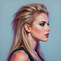 shania twain profile shot, hyperrealistic, subject in center of frame, neonpunk, oil on wood portrait by kim jung gi and rembrandt and leonardo da vinci and jan van eyck, artstation, deviantart, rule of thirds