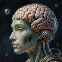 mankind brain vacuum in space, alien style, close - up portrait, intricate, elegant, volumetric lighting, scenery, digital painting, highly detailed, artstation, sharp focus, illustration, concept art, luis rollo, ruan jia, steve mccurry, john berkey