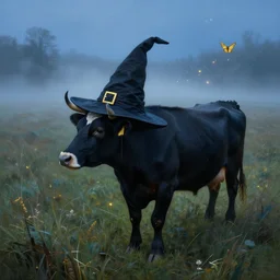 a detailed matte landscape painting of a cow standing in a grassy field wearing a witch hat, cow wearing hat!!!! viewed in profile, fog and flying glowing moths in the background, ultrawide lens, aerial photography, black and blue color scheme with gold highlights, art by greg rutkowski and alphonse mucha, artstation, 8 k, octane render