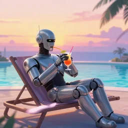 robocop on a sun lounger sipping cocktails by the pool at sunset. soothing, vapourwave, hiroshi nagai style, trending on artstation, 8 k, beautiful, soothing.