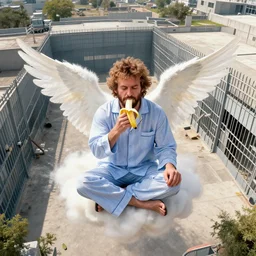 birds eye view of el chapo exploding out of prison in deep meditation. clear sunny day. 4k. el chapo inspired. angel. [ el chapo is wearing pajamas. n he is eating a banana]